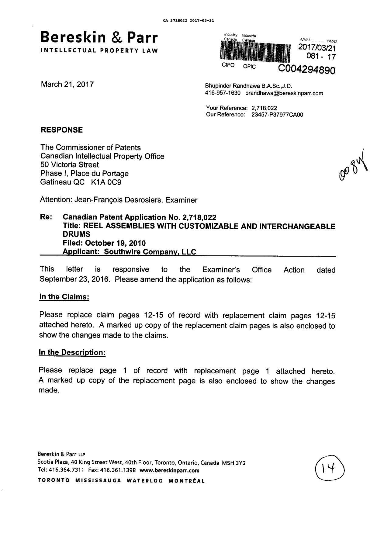 Document de brevet canadien 2718022. Poursuite-Amendment 20161221. Image 1 de 14