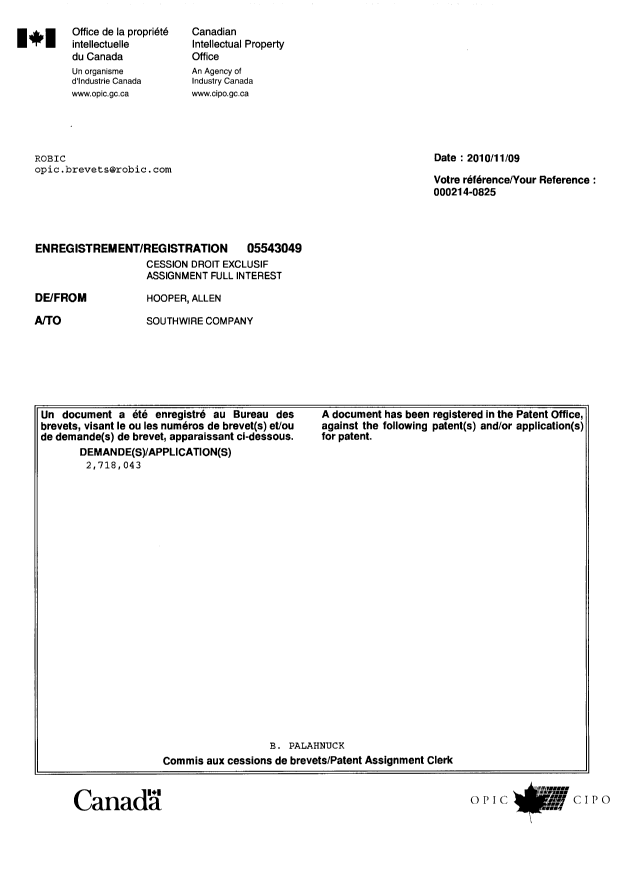Document de brevet canadien 2718043. Correspondance 20091209. Image 1 de 1