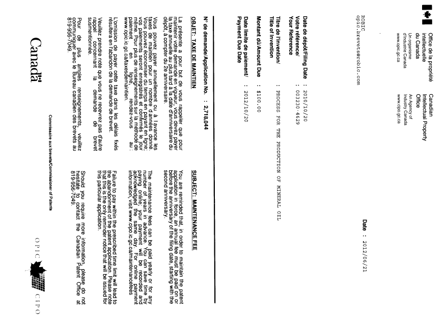 Document de brevet canadien 2718044. Correspondance 20111221. Image 1 de 1