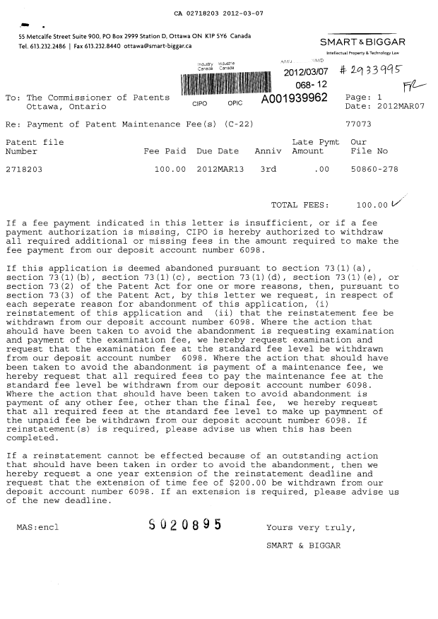 Document de brevet canadien 2718203. Taxes 20120307. Image 1 de 1