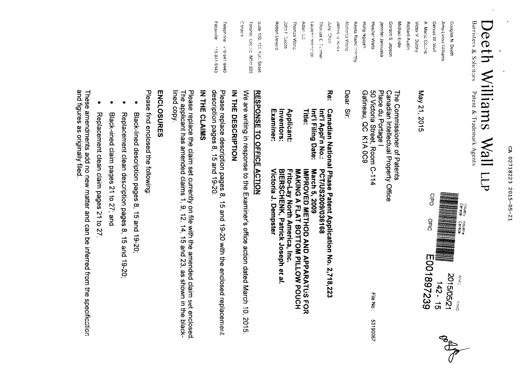 Document de brevet canadien 2718223. Poursuite-Amendment 20141221. Image 1 de 27