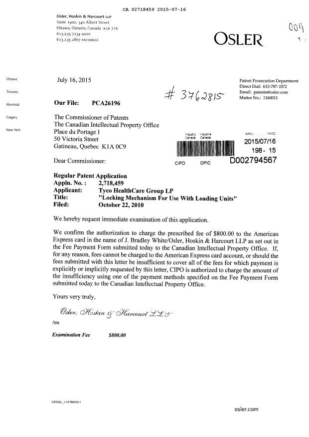 Document de brevet canadien 2718459. Poursuite-Amendment 20141216. Image 1 de 1