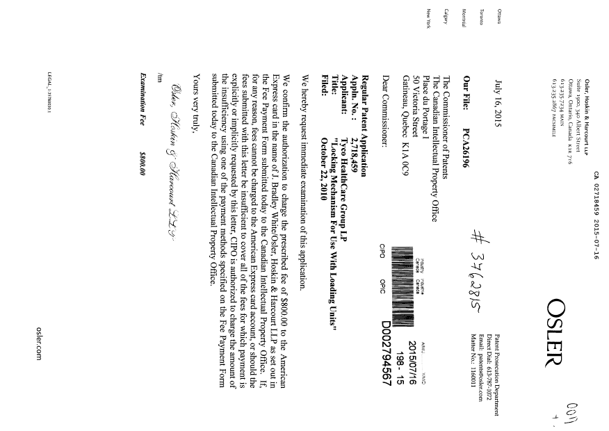 Document de brevet canadien 2718459. Requête d'examen 20150716. Image 1 de 1