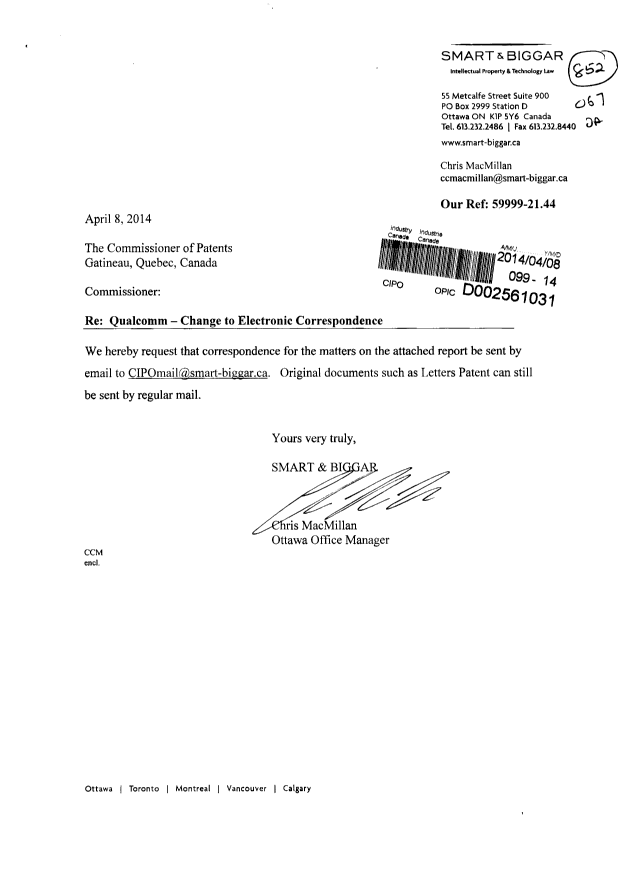 Document de brevet canadien 2718678. Correspondance 20131208. Image 1 de 2
