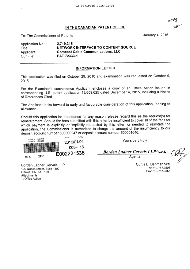 Document de brevet canadien 2719315. Poursuite-Amendment 20151204. Image 1 de 1