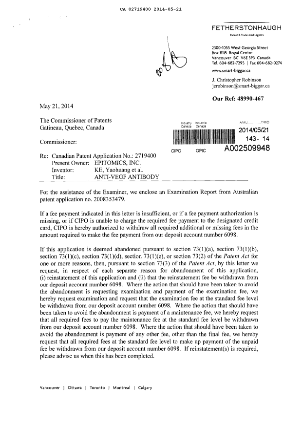 Document de brevet canadien 2719400. Poursuite-Amendment 20131221. Image 1 de 2