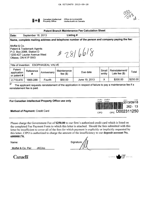Document de brevet canadien 2719470. Taxes 20121218. Image 1 de 1
