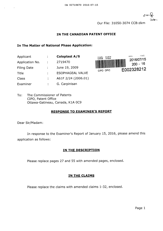 Document de brevet canadien 2719470. Poursuite-Amendment 20151215. Image 1 de 11