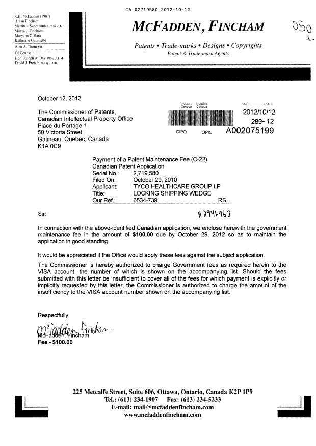 Document de brevet canadien 2719580. Taxes 20111212. Image 1 de 1