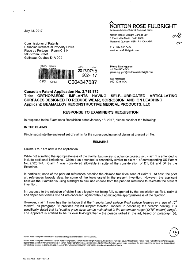 Document de brevet canadien 2719872. Poursuite-Amendment 20161218. Image 1 de 4