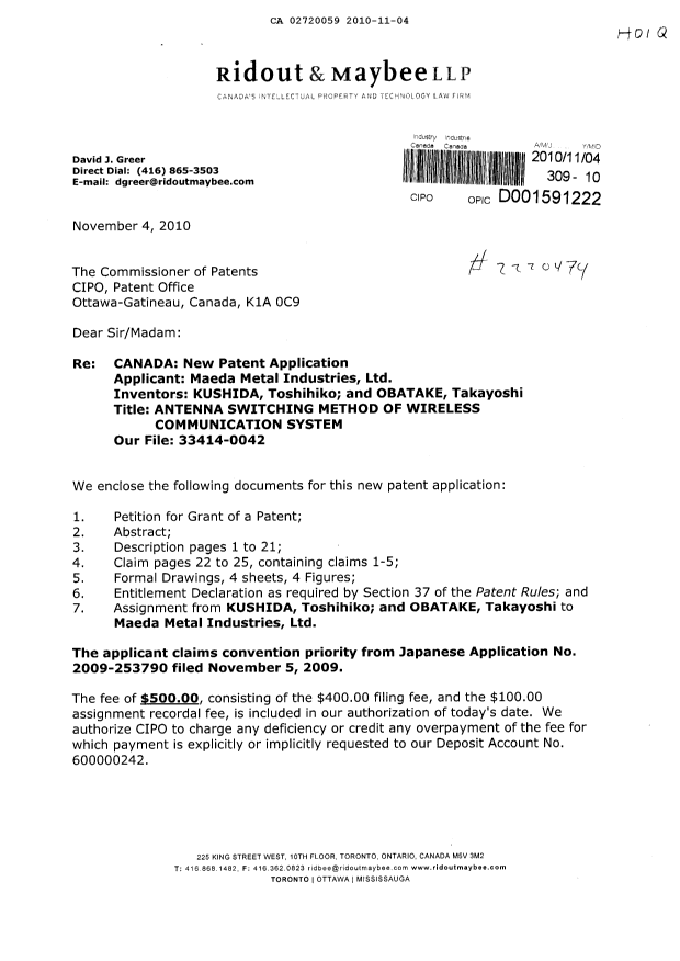 Canadian Patent Document 2720059. Assignment 20101104. Image 1 of 6