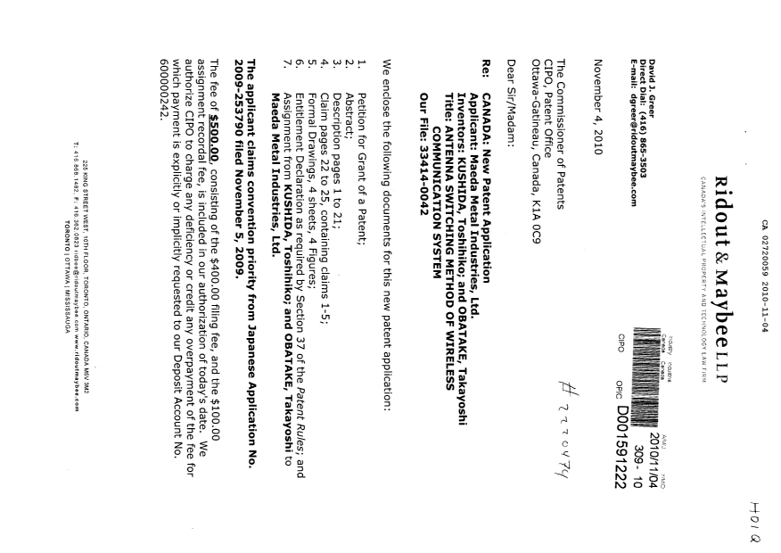 Document de brevet canadien 2720059. Cession 20101104. Image 1 de 6