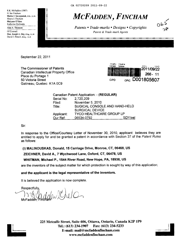 Document de brevet canadien 2720209. Correspondance 20110922. Image 1 de 1