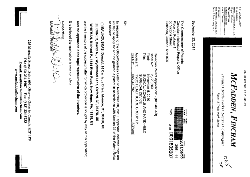 Canadian Patent Document 2720209. Correspondence 20110922. Image 1 of 1