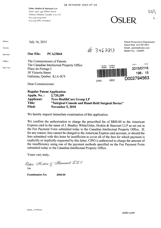 Document de brevet canadien 2720209. Requête d'examen 20150716. Image 1 de 1