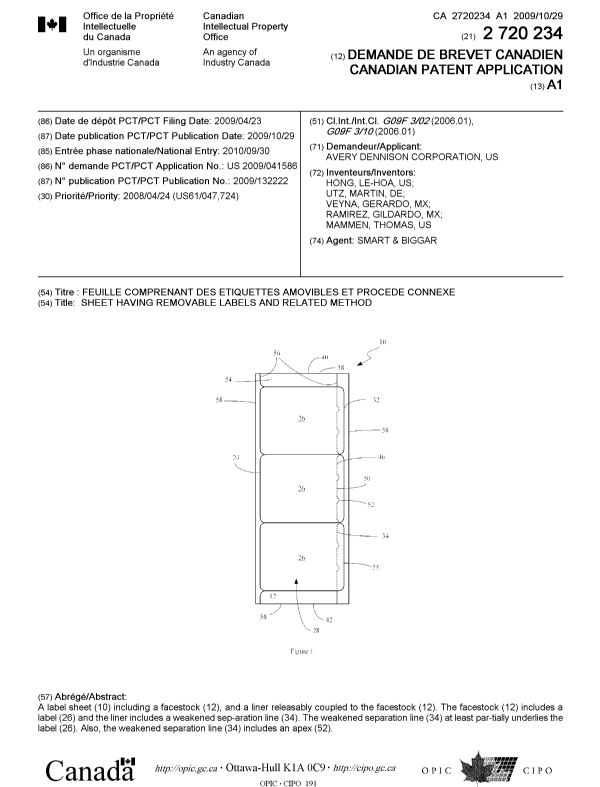 Document de brevet canadien 2720234. Page couverture 20101211. Image 1 de 1
