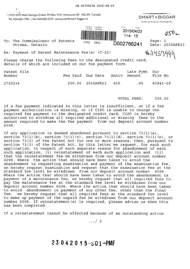Document de brevet canadien 2720234. Taxes 20141223. Image 1 de 2