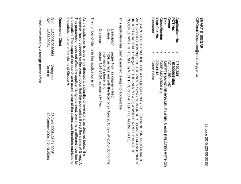 Document de brevet canadien 2720234. Poursuite-Amendment 20141223. Image 1 de 4