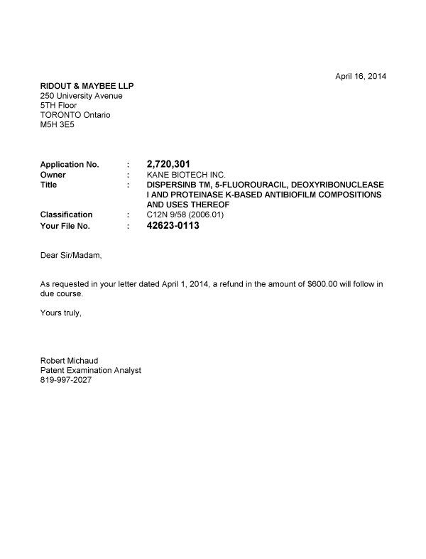 Document de brevet canadien 2720301. Correspondance 20131216. Image 1 de 1
