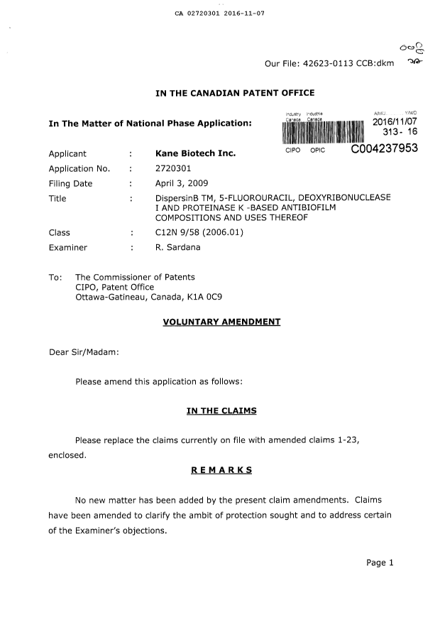 Document de brevet canadien 2720301. Poursuite-Amendment 20151207. Image 1 de 6