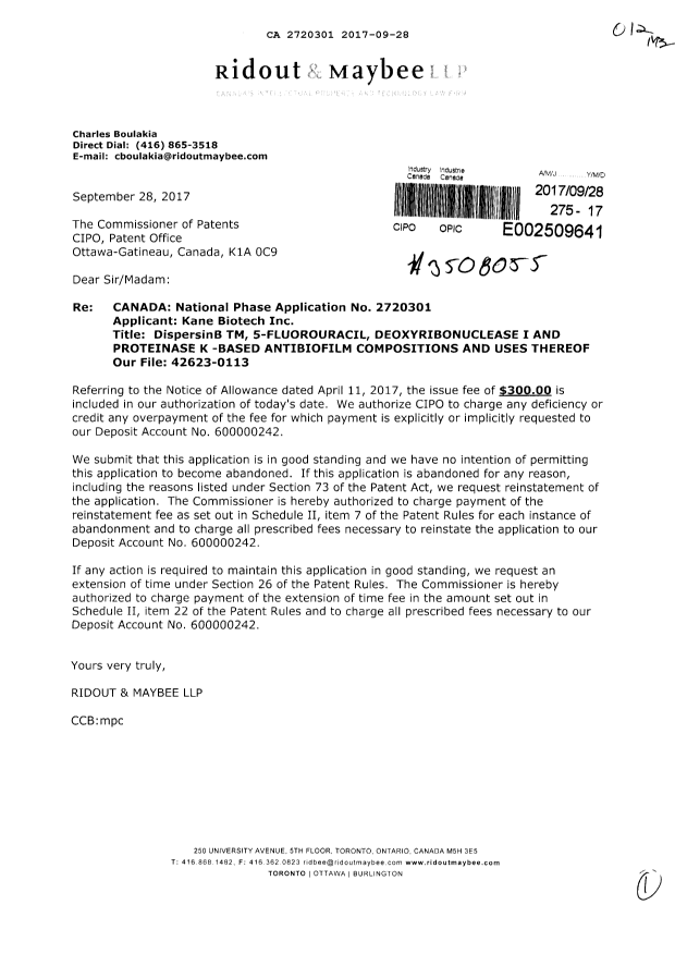 Document de brevet canadien 2720301. Correspondance 20161228. Image 1 de 1
