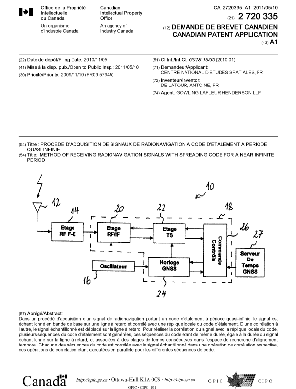 Document de brevet canadien 2720335. Page couverture 20101214. Image 1 de 1