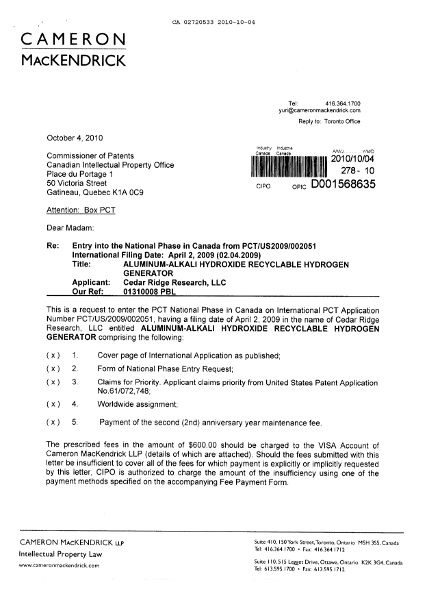Canadian Patent Document 2720533. Assignment 20101004. Image 1 of 5