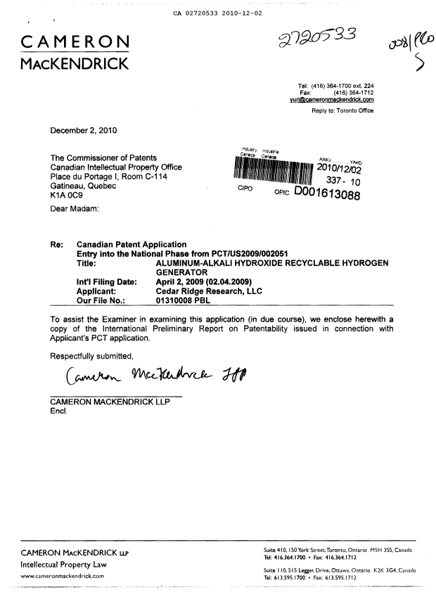 Canadian Patent Document 2720533. Prosecution-Amendment 20101202. Image 1 of 1