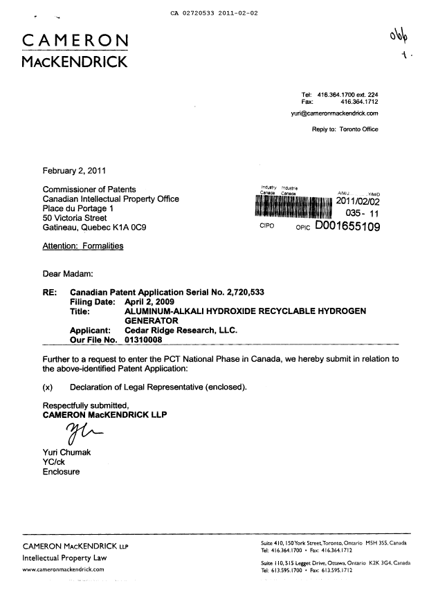 Canadian Patent Document 2720533. Correspondence 20110202. Image 1 of 2