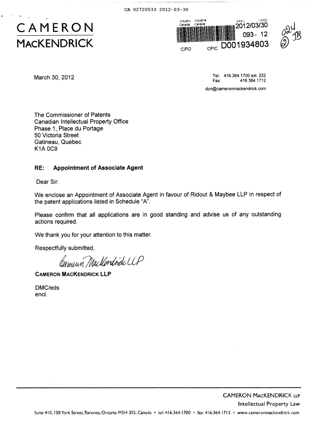 Canadian Patent Document 2720533. Correspondence 20120330. Image 1 of 3