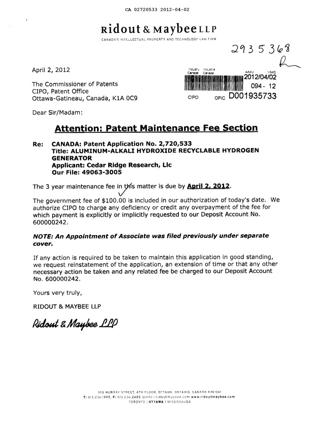 Canadian Patent Document 2720533. Fees 20120402. Image 1 of 1