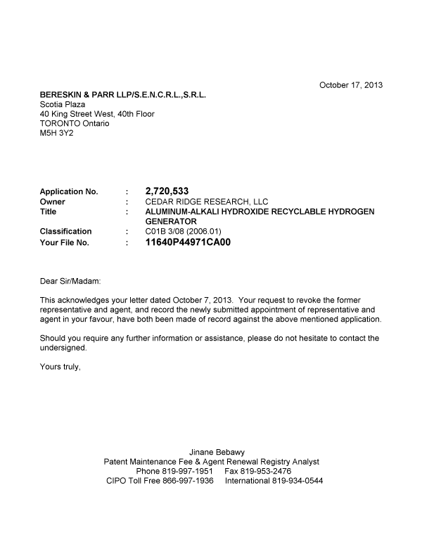 Canadian Patent Document 2720533. Correspondence 20131017. Image 1 of 1