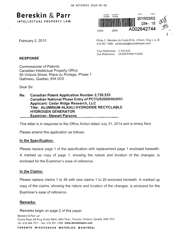 Canadian Patent Document 2720533. Prosecution-Amendment 20150202. Image 1 of 24