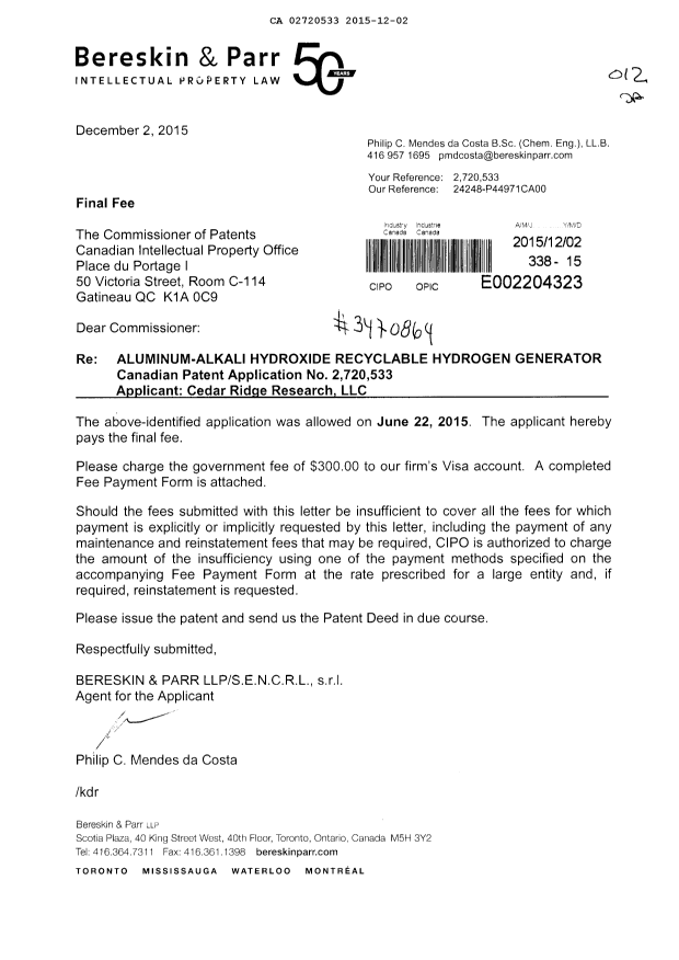 Canadian Patent Document 2720533. Final Fee 20151202. Image 1 of 1