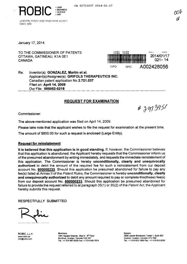 Document de brevet canadien 2721037. Poursuite-Amendment 20131217. Image 1 de 2