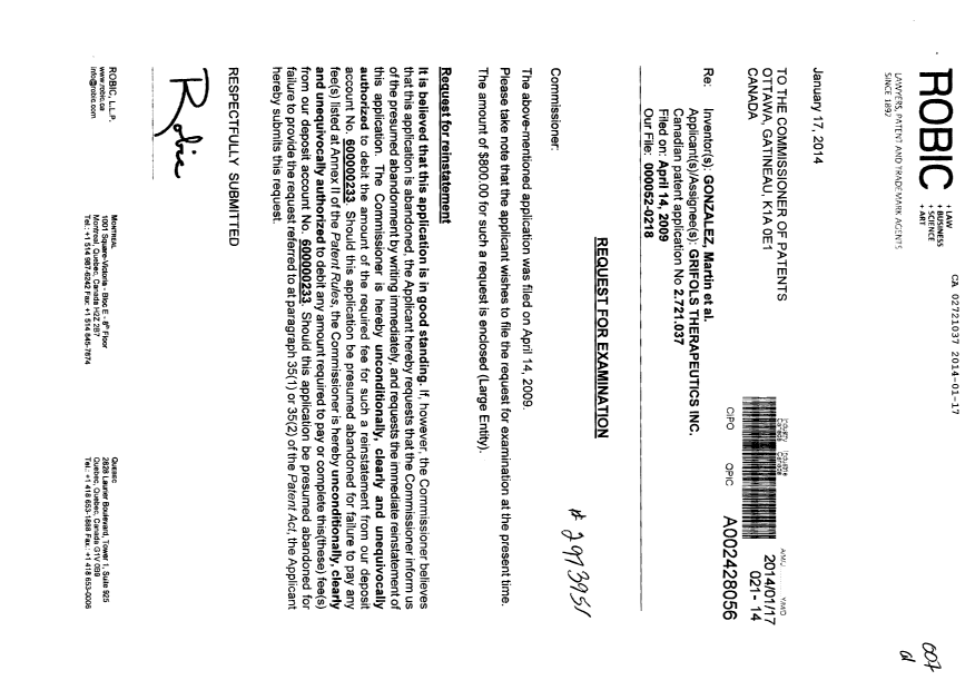 Canadian Patent Document 2721037. Prosecution-Amendment 20131217. Image 1 of 2