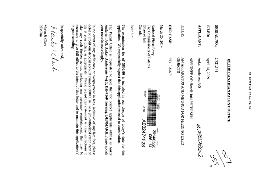 Document de brevet canadien 2721141. Correspondance 20131226. Image 1 de 1
