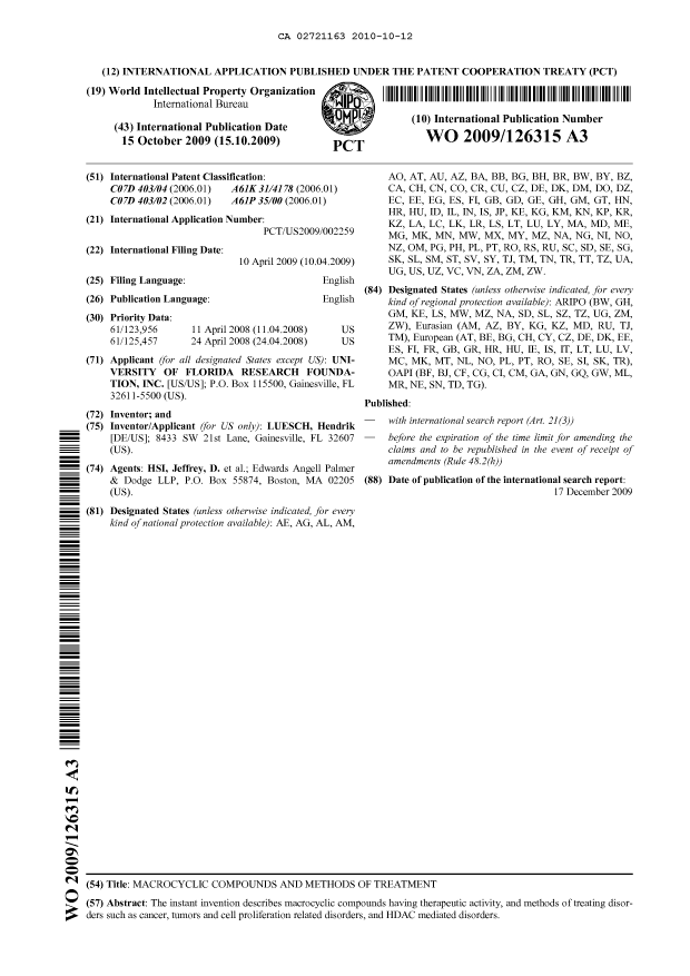 Document de brevet canadien 2721163. Abrégé 20091212. Image 1 de 1