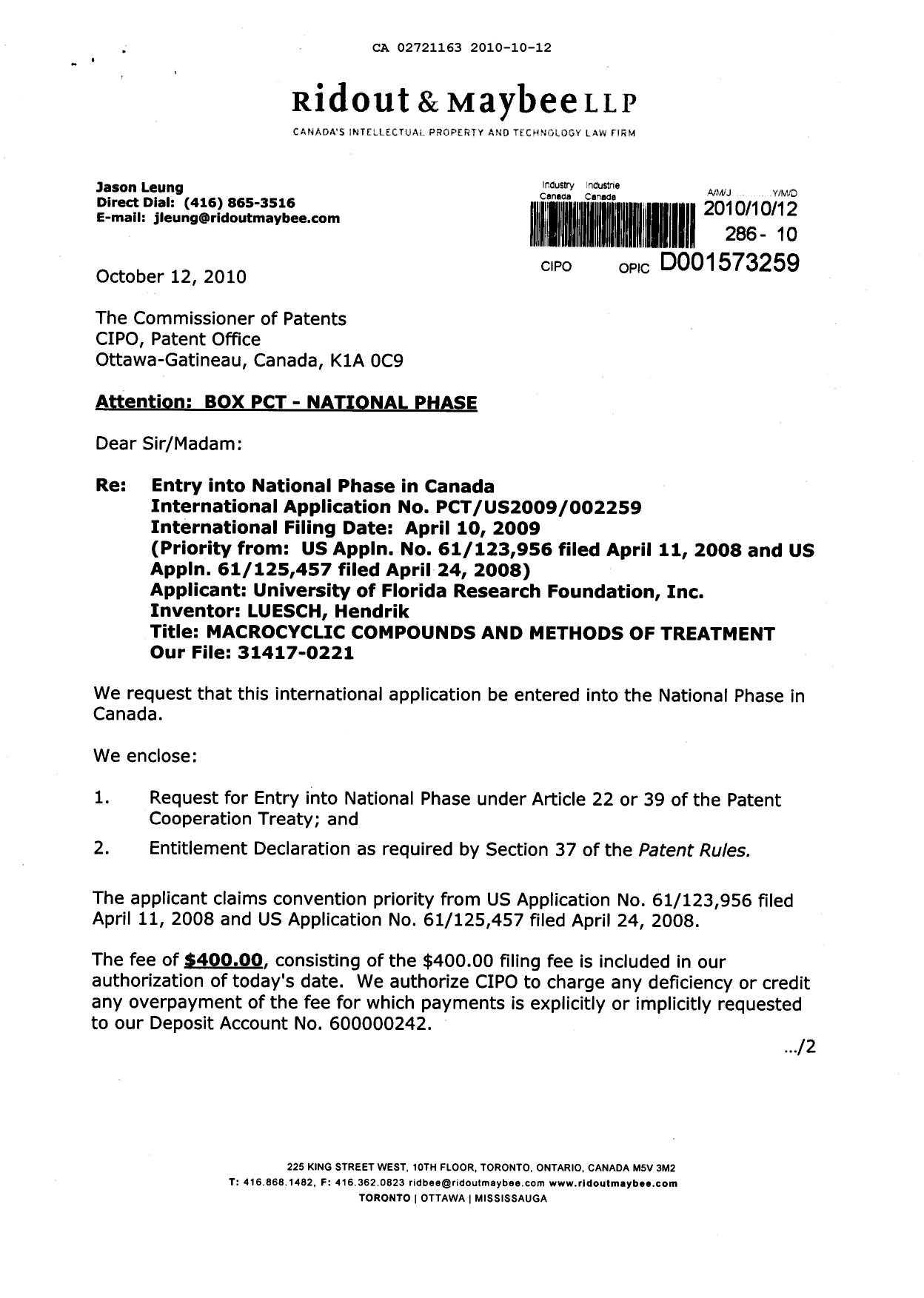 Canadian Patent Document 2721163. Assignment 20101012. Image 1 of 5