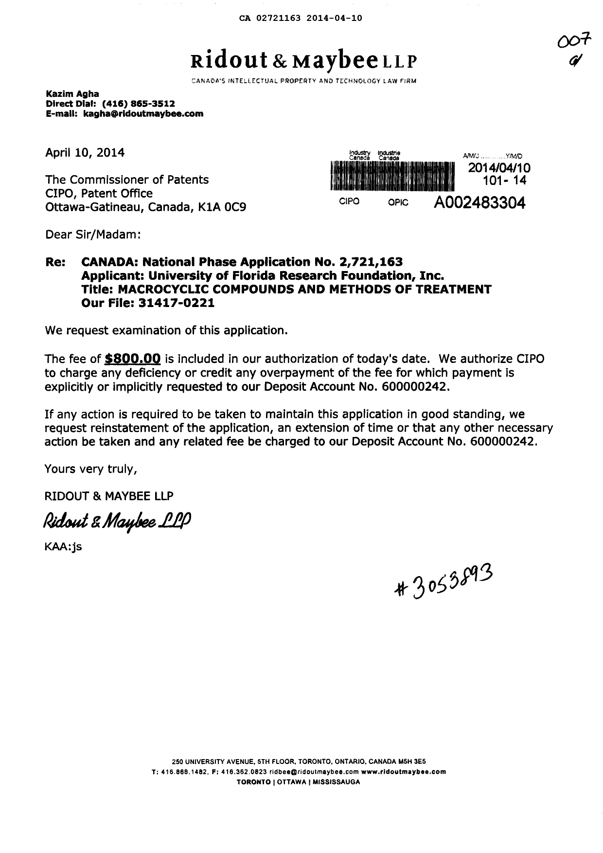 Canadian Patent Document 2721163. Prosecution-Amendment 20140410. Image 1 of 1