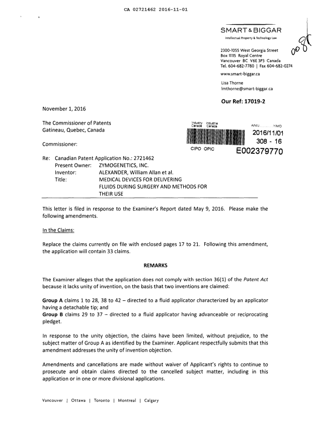 Document de brevet canadien 2721462. Poursuite-Amendment 20151201. Image 1 de 7