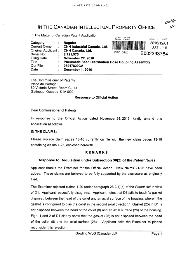 Document de brevet canadien 2721975. Poursuite-Amendment 20151201. Image 1 de 9