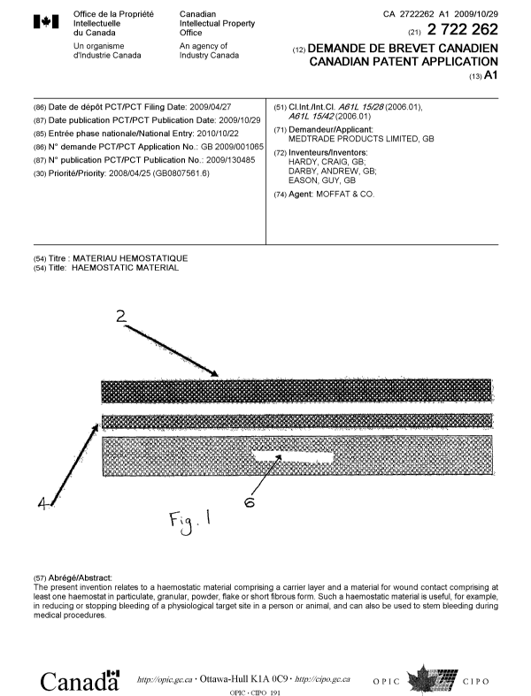 Canadian Patent Document 2722262. Cover Page 20110119. Image 1 of 1