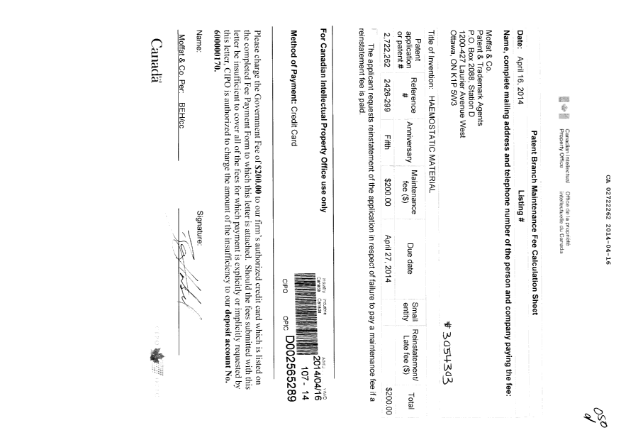 Document de brevet canadien 2722262. Taxes 20131216. Image 1 de 1