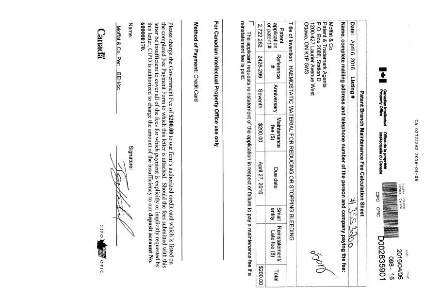 Document de brevet canadien 2722262. Taxes 20151206. Image 1 de 1