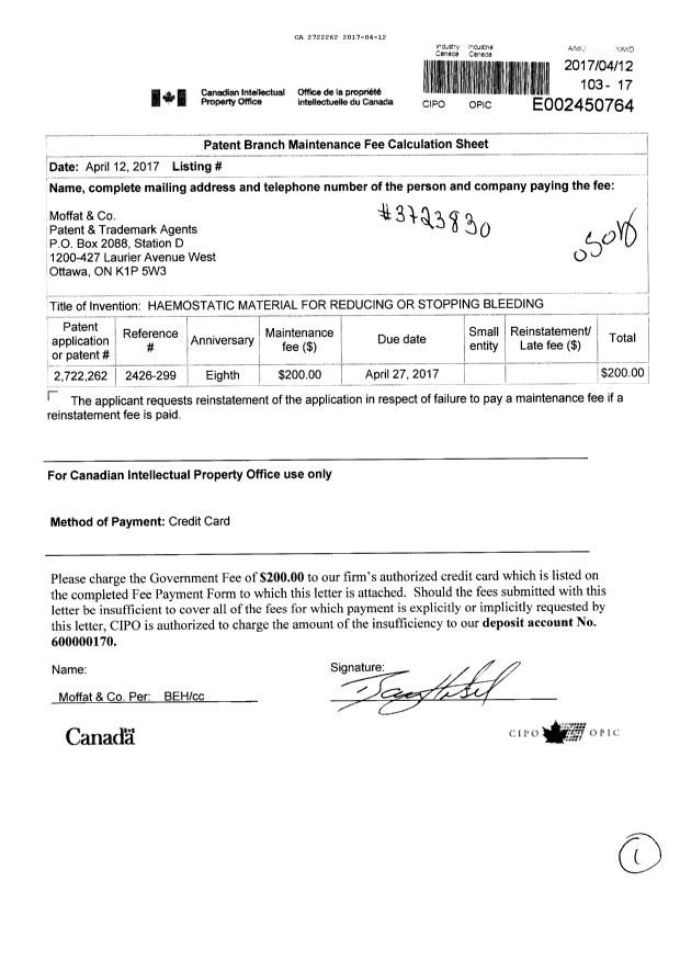 Canadian Patent Document 2722262. Maintenance Fee Payment 20170412. Image 1 of 1