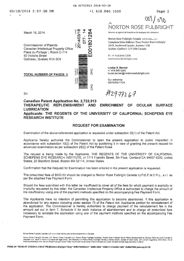 Document de brevet canadien 2722913. Correspondance 20140318. Image 1 de 3