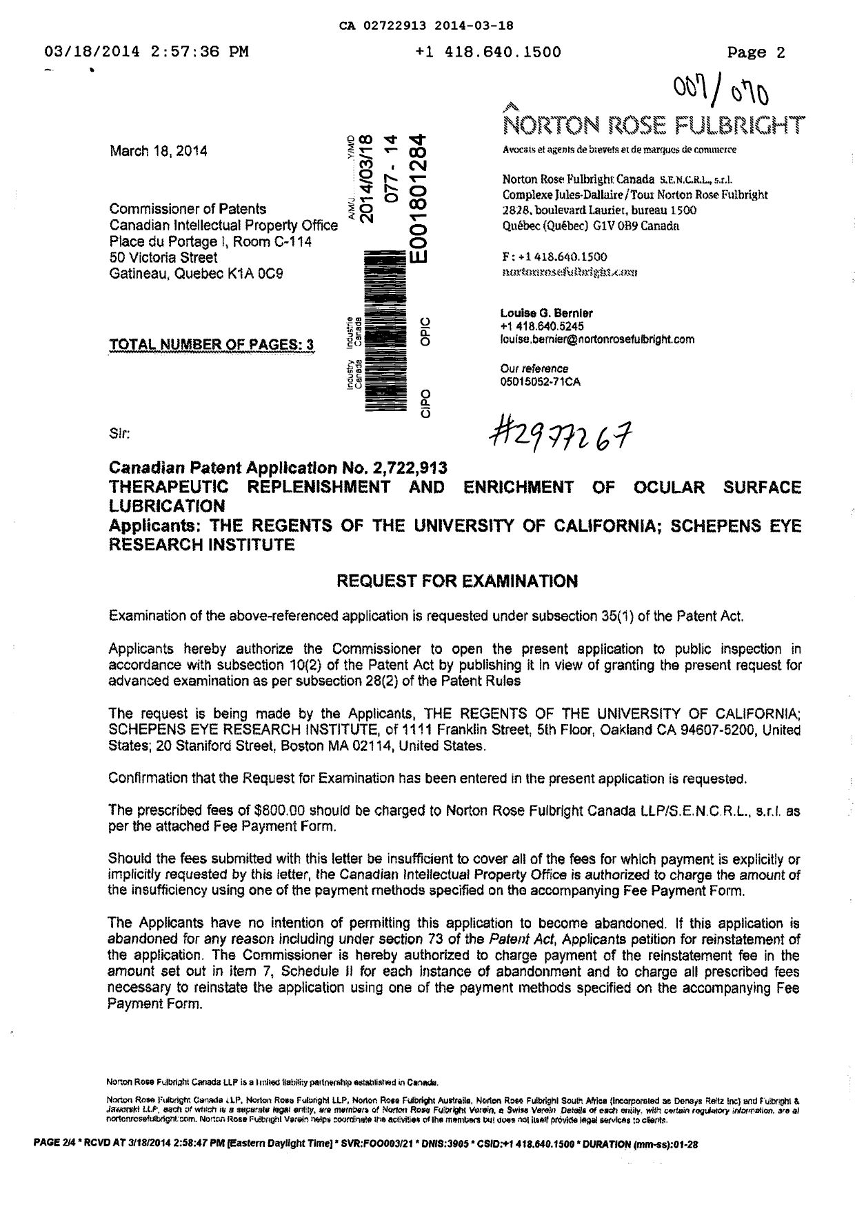 Canadian Patent Document 2722913. Correspondence 20140318. Image 1 of 3