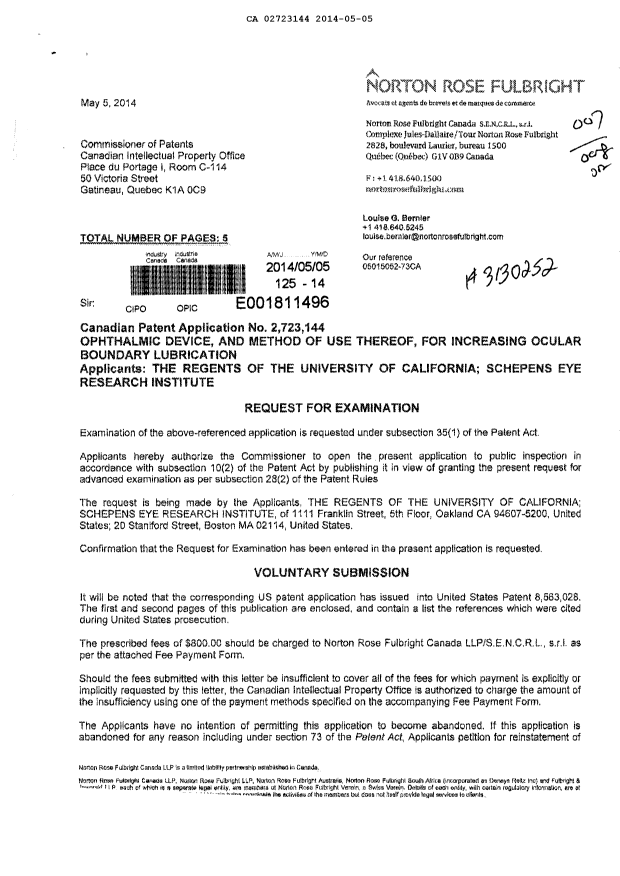 Document de brevet canadien 2723144. Poursuite-Amendment 20131205. Image 1 de 2