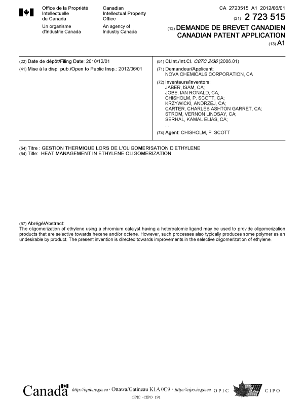 Document de brevet canadien 2723515. Page couverture 20111217. Image 1 de 2